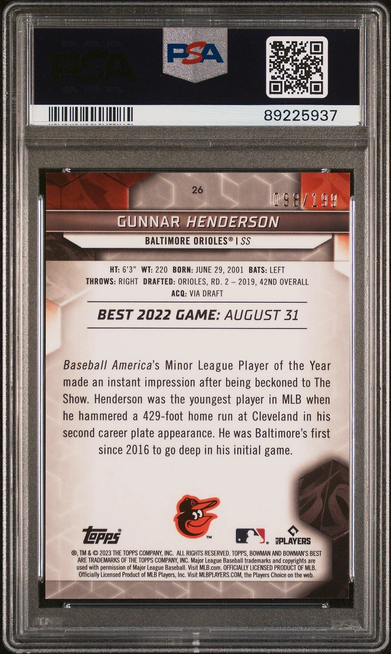 2023 Bowman's Best 26 Gunnar Henderson Aqua Lava PSA 10