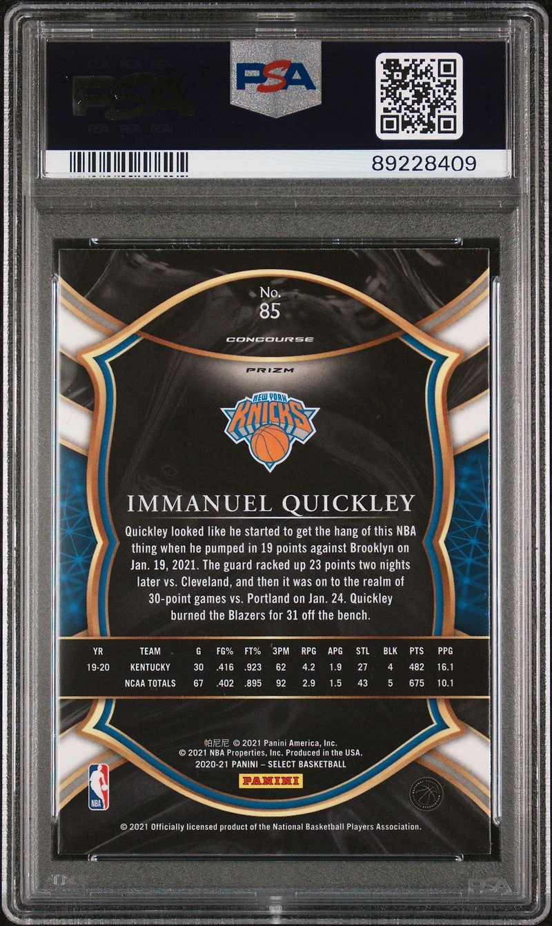 2020 Panini Select 85 Immanuel Quickley Silver Prizm PSA 10