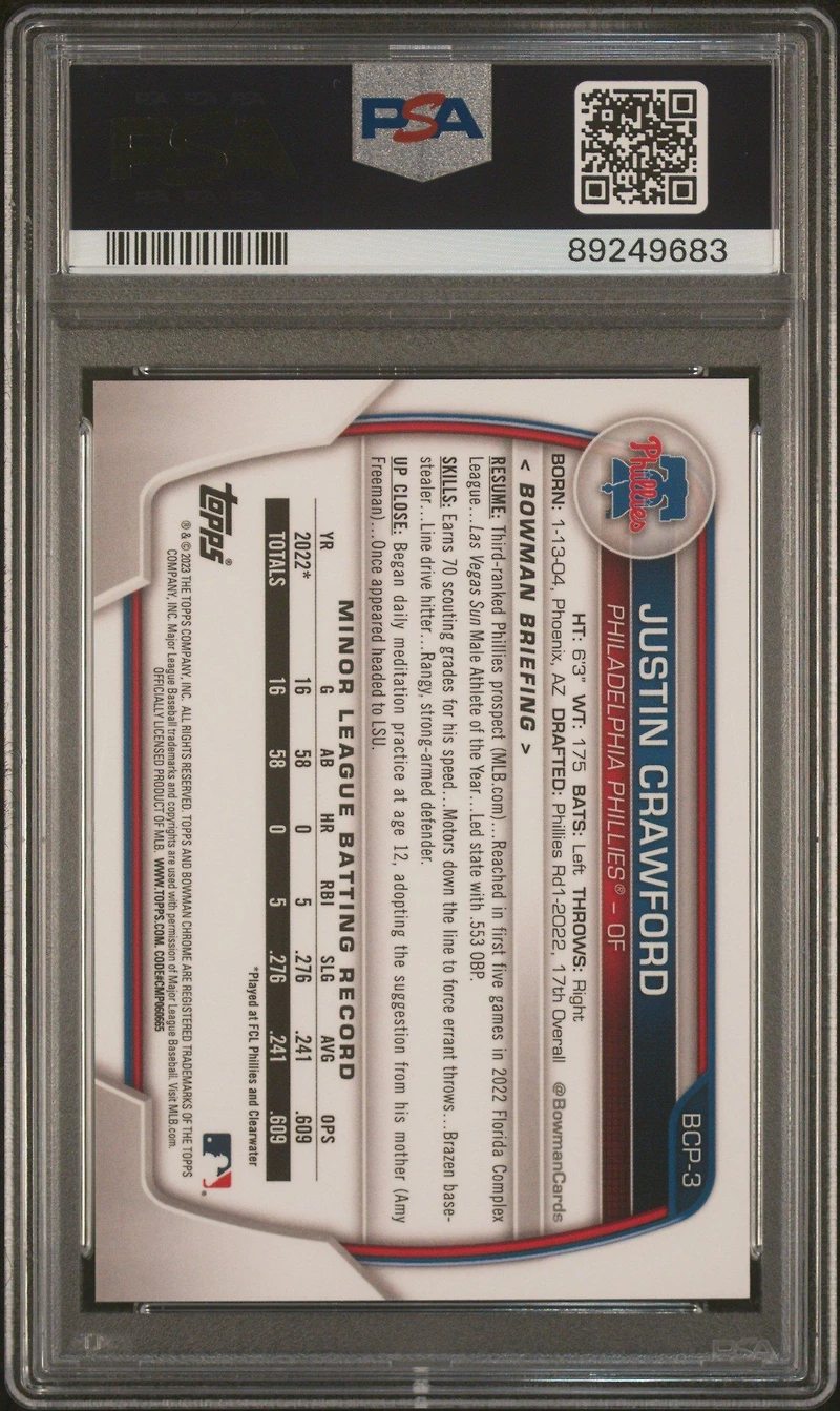 2023 Bowman Chrome Prospects Bcp3 Justin Crawford Green Refractor PSA 10