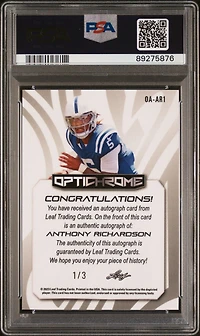 2023 Leaf Eclectic Optichrome Autographs Oaar1 Anthony Richardson PSA 8