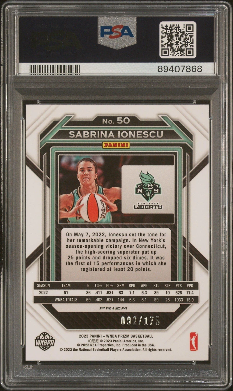 2023 Panini Prizm Wnba 50 Sabrina Ionescu Blue PSA 10