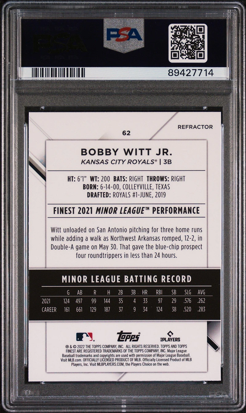 2022 Topps Finest 62 Bobby Witt Jr. Refractor PSA 10