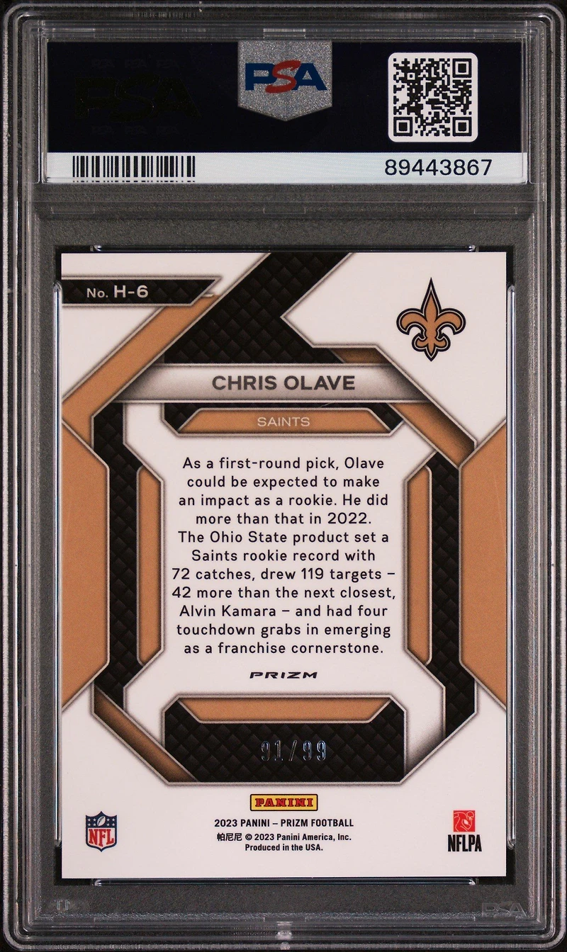 2023 Panini Prizm Emergent H6 Chris Olave Blue Ice PSA 9