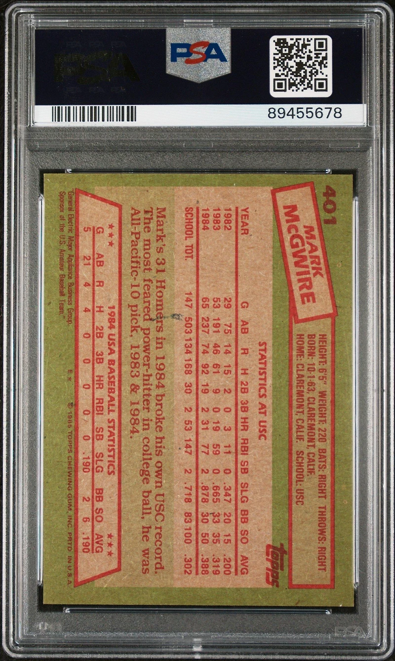 1985 Topps 401 Mark Mcgwire 1984 Usa Baseball Team PSA 8