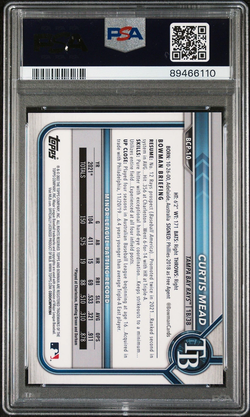 2022 Bowman Sapphire Edition Chrome Prospects Bcp10 Curtis Mead PSA 10