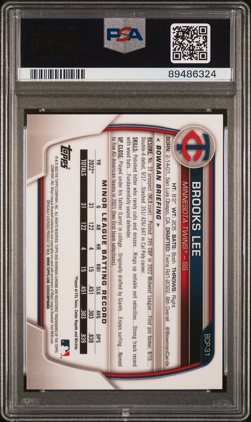 2023 Bowman Chrome Prospects Bcp31 Brooks Lee Yellow Lunar Crater Refractor PSA 10