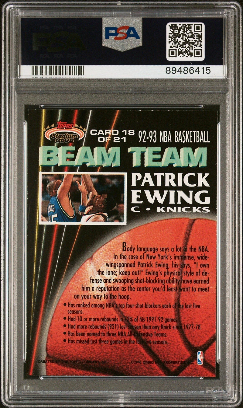 1992 Stadium Club Beam Team 18 Patrick Ewing Members Only PSA 9
