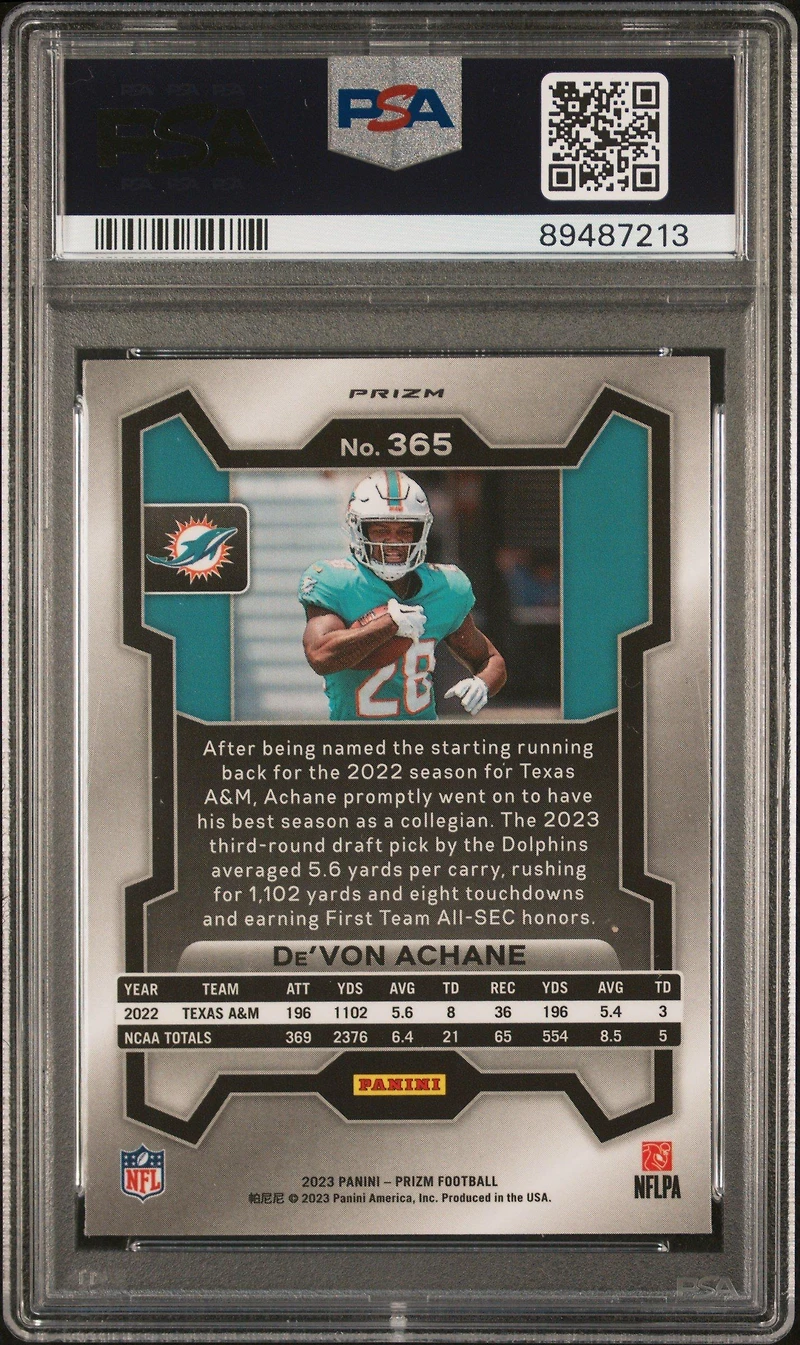 2023 Panini Prizm 365 De'von Achane Purple Pulsar PSA 10