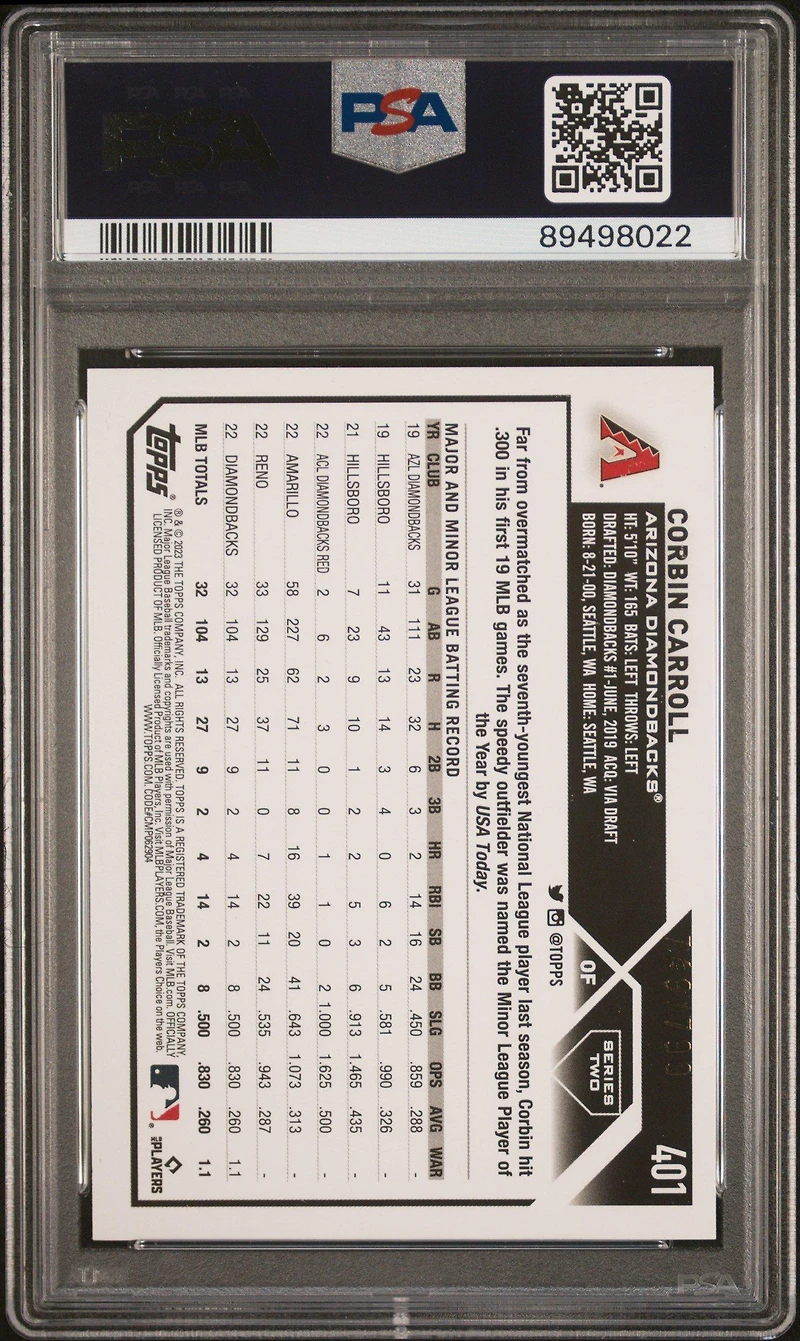 2023 Topps 401 Corbin Carroll Purple Foil PSA 9