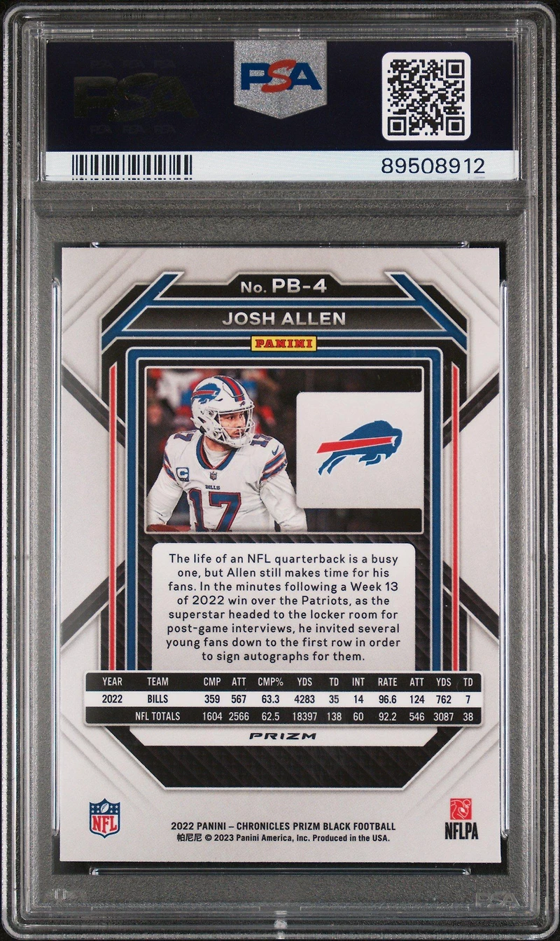 2022 Panini Chronicles Prizm Black Pb4 Josh Allen Silver PSA 10