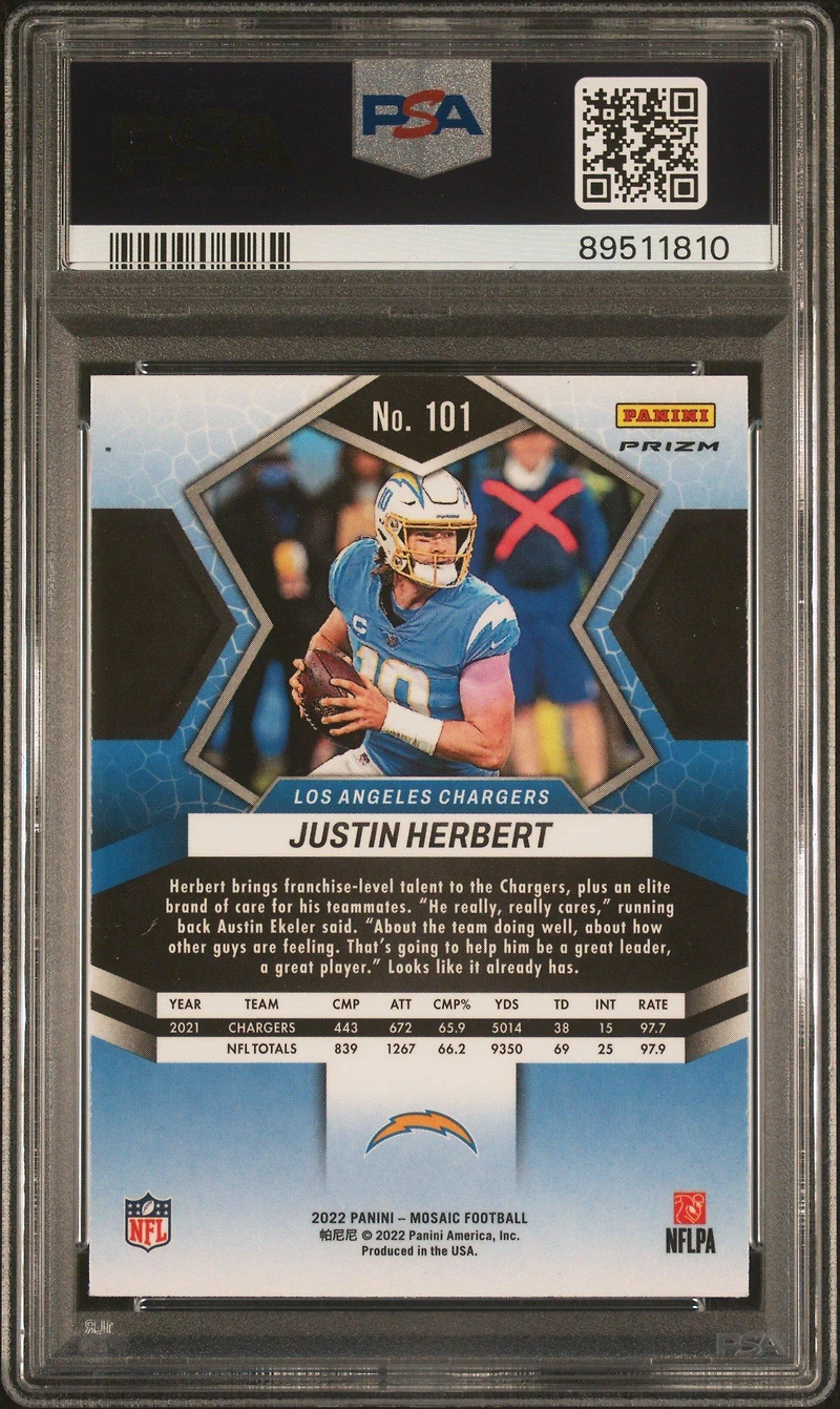 2022 Panini Mosaic 101 Justin Herbert Blue Sparkle PSA 10