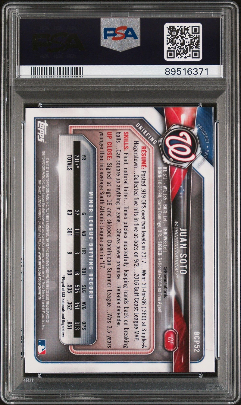 2018 Bowman Prospects Chrome 52 Juan Soto PSA 10