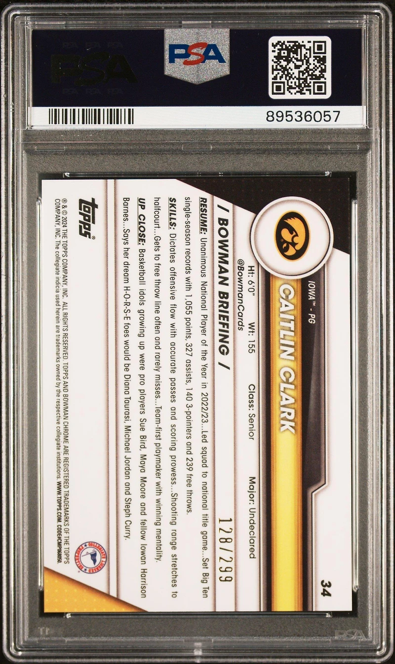 2023 Bowman University Chrome 34 Caitlin Clark Aqua Wave PSA 10