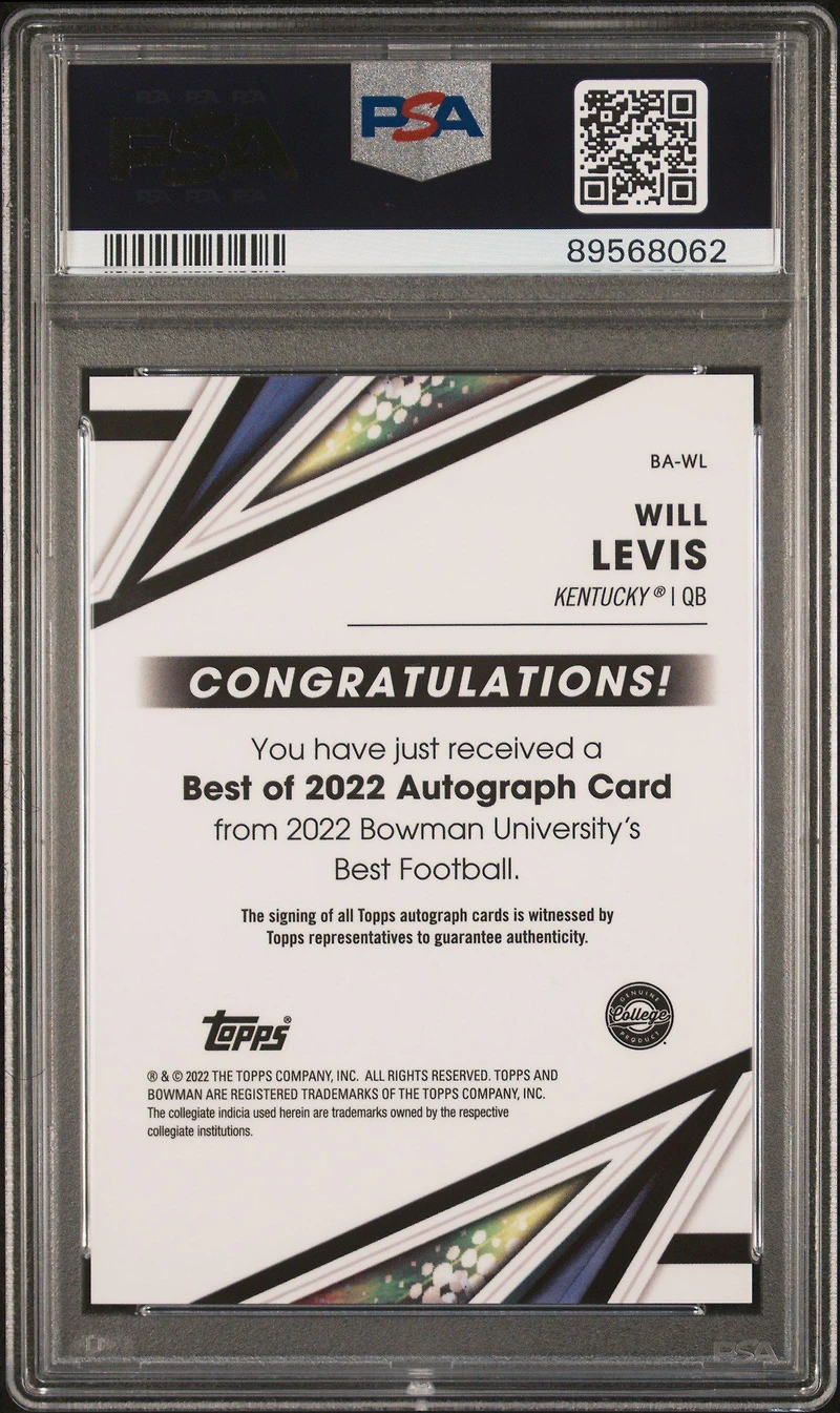 2022 Bowman's Best University Best Of 2022 Autographs Bawl Will Levis PSA 10