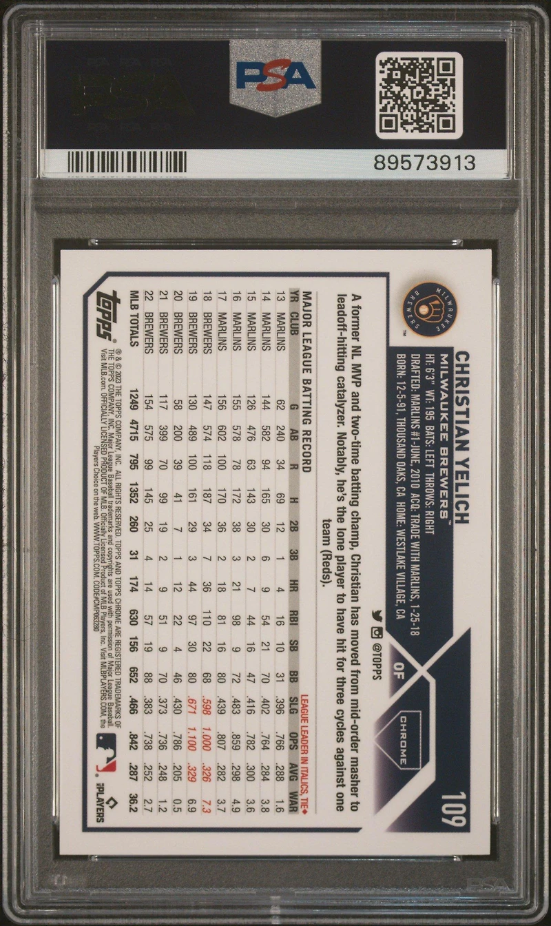 2023 Topps Chrome Logofractor Edition 109 Christian Yelich Purple PSA 10