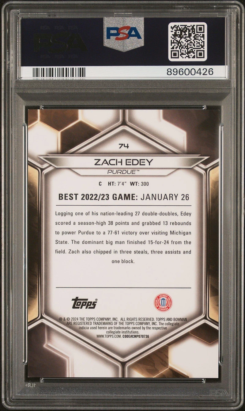 2023 Bowman University Best 74 Zach Edey Gold Refractor PSA 10