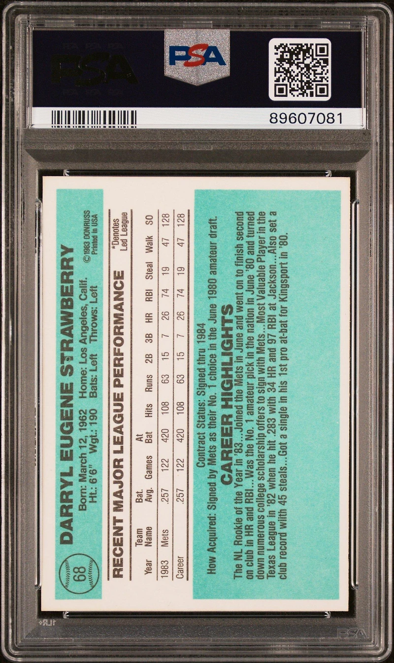 1984 Donruss 68 Darryl Strawberry PSA 9