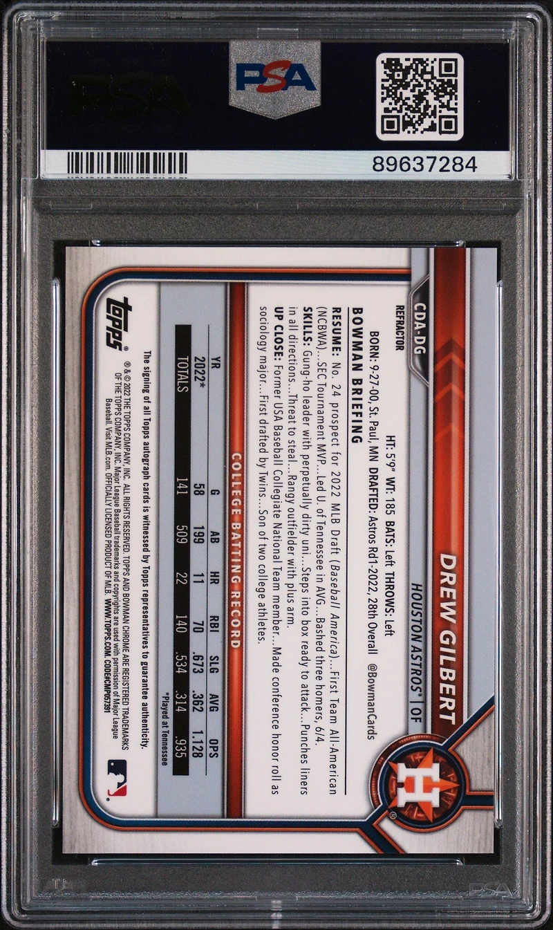 2022 Bowman Draft Chrome Draft Pick Autographs Cdadg Drew Gilbert Refractor PSA 10