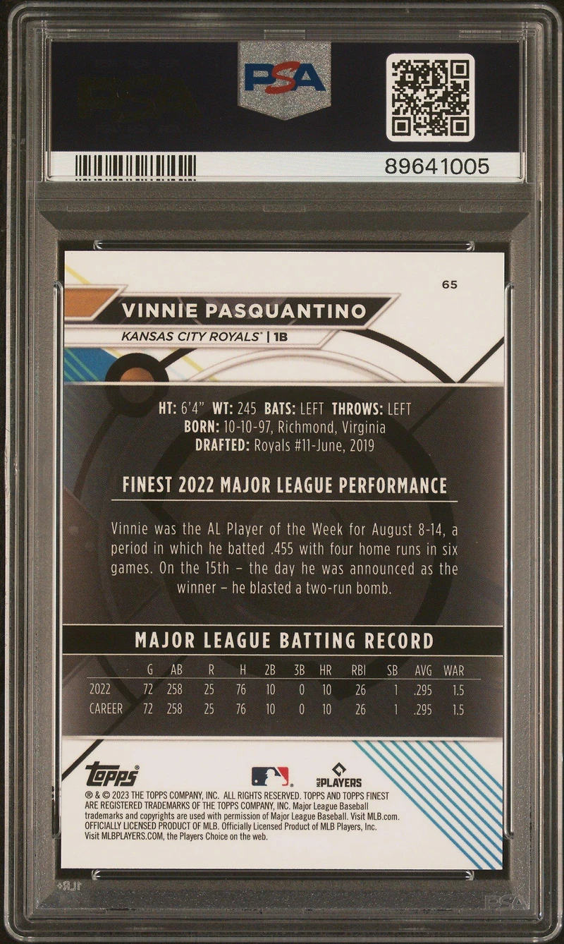 2023 Topps Finest 65 Vinnie Pasquantino Aqua Shimmer PSA 10