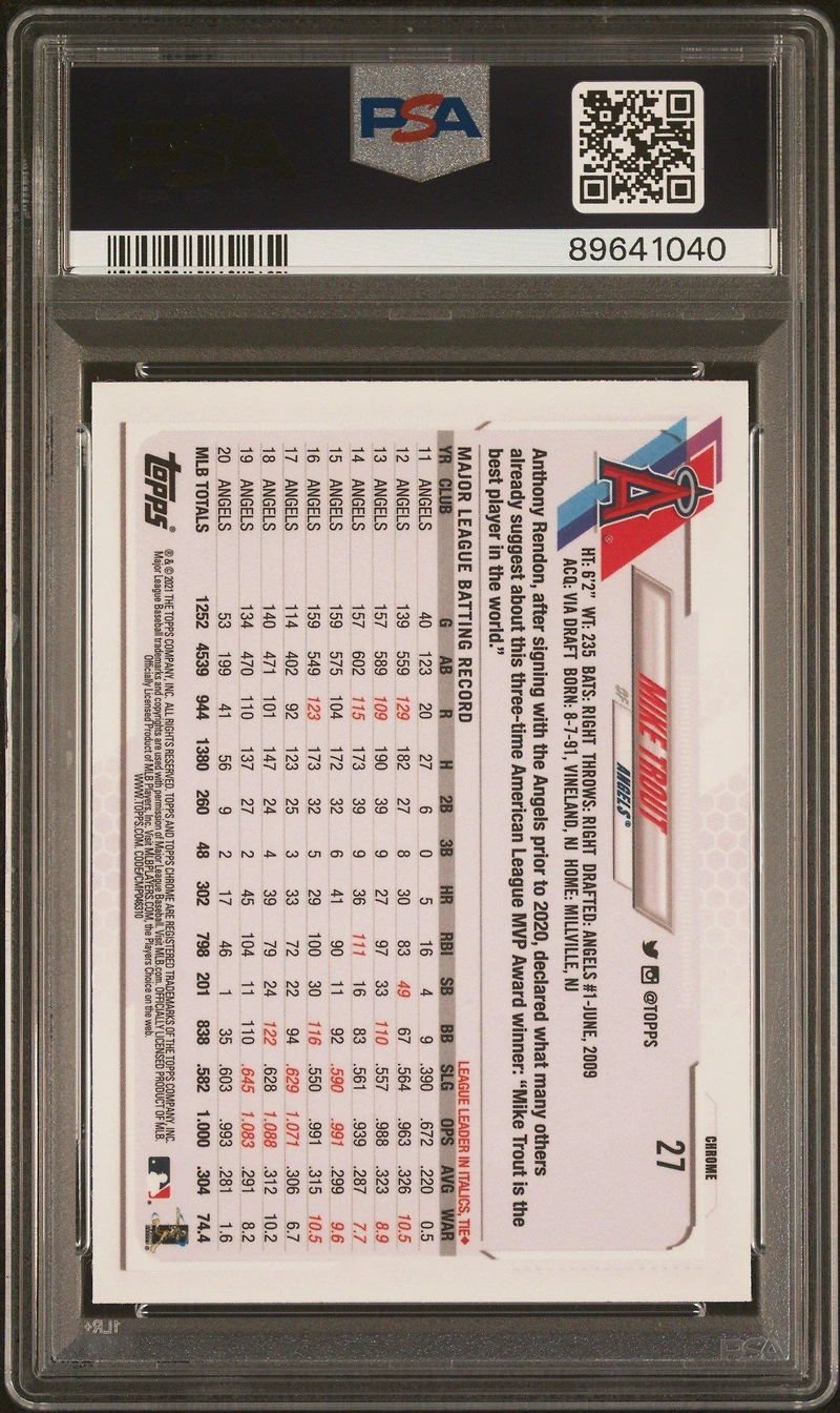 2021 Topps Chrome 27 Mike Trout Black/white Mini Diamond Refractor PSA 10