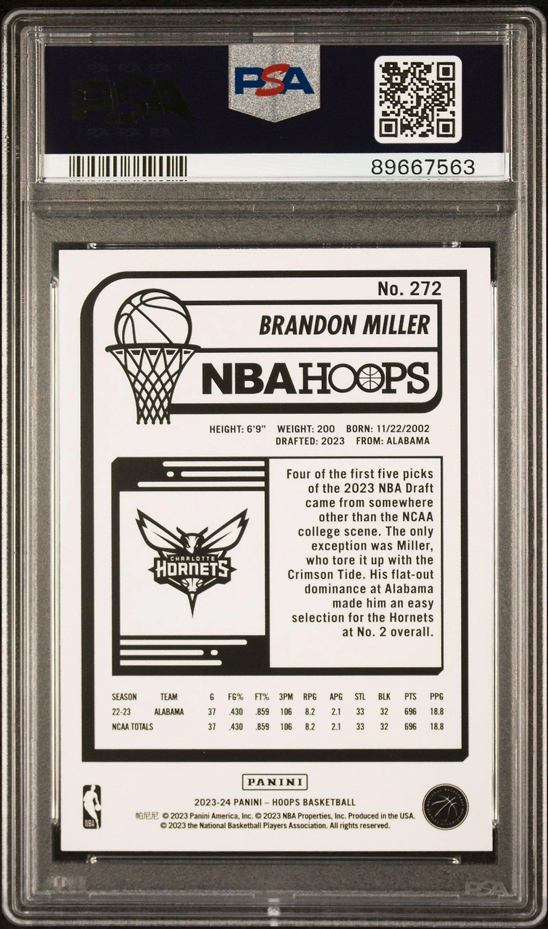 2023 Panini Nba Hoops 272 Brandon Miller Yellow PSA 10