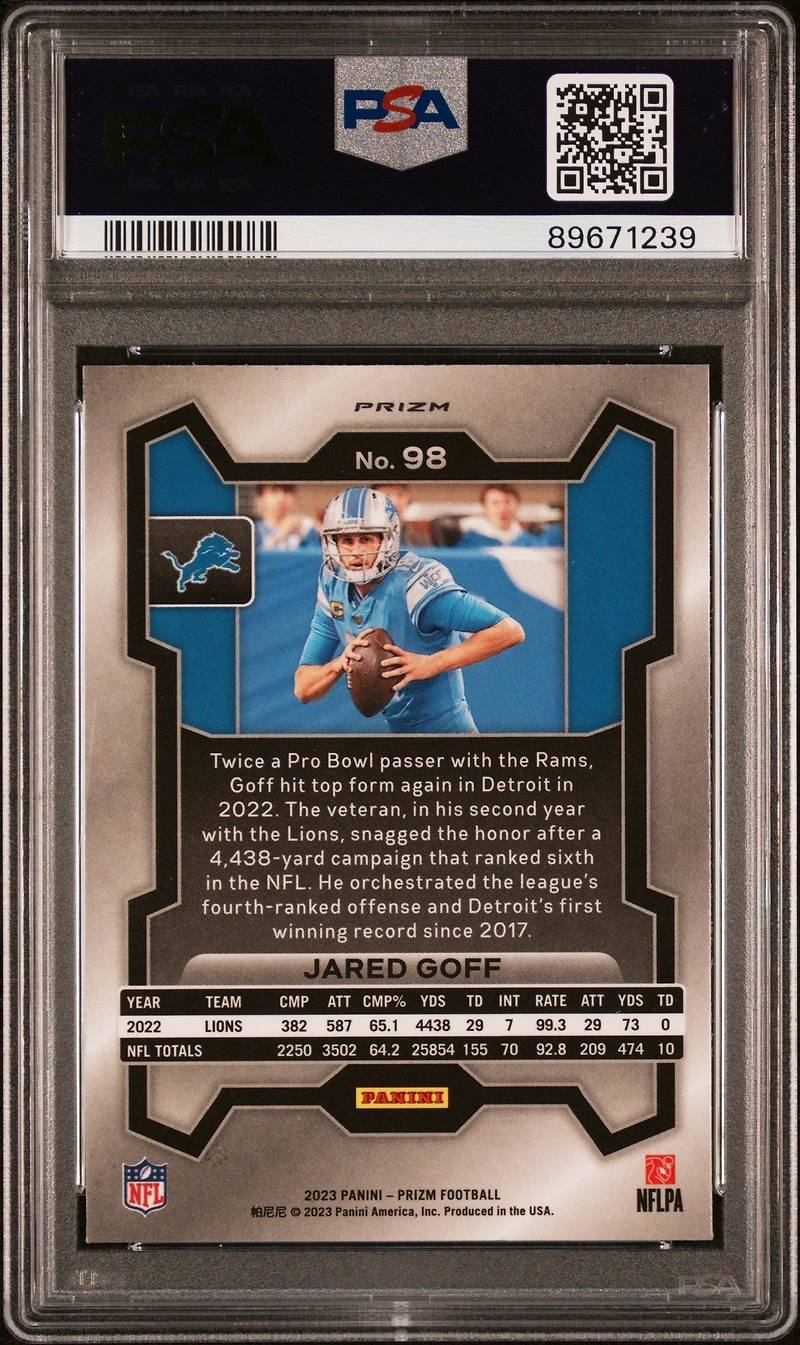 2023 Panini Prizm 98 Jared Goff Black & White Checker PSA 10