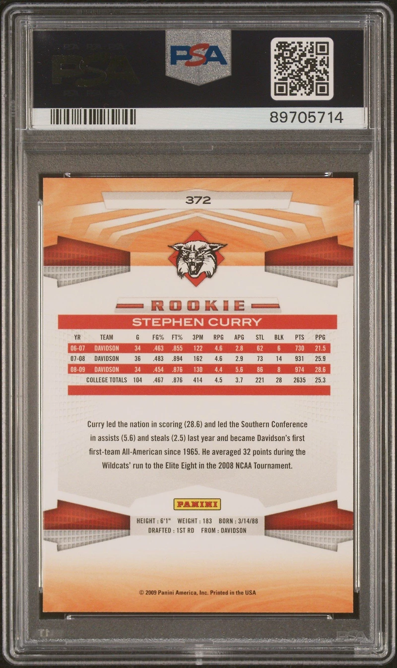 2009 Panini 372 Stephen Curry PSA 8