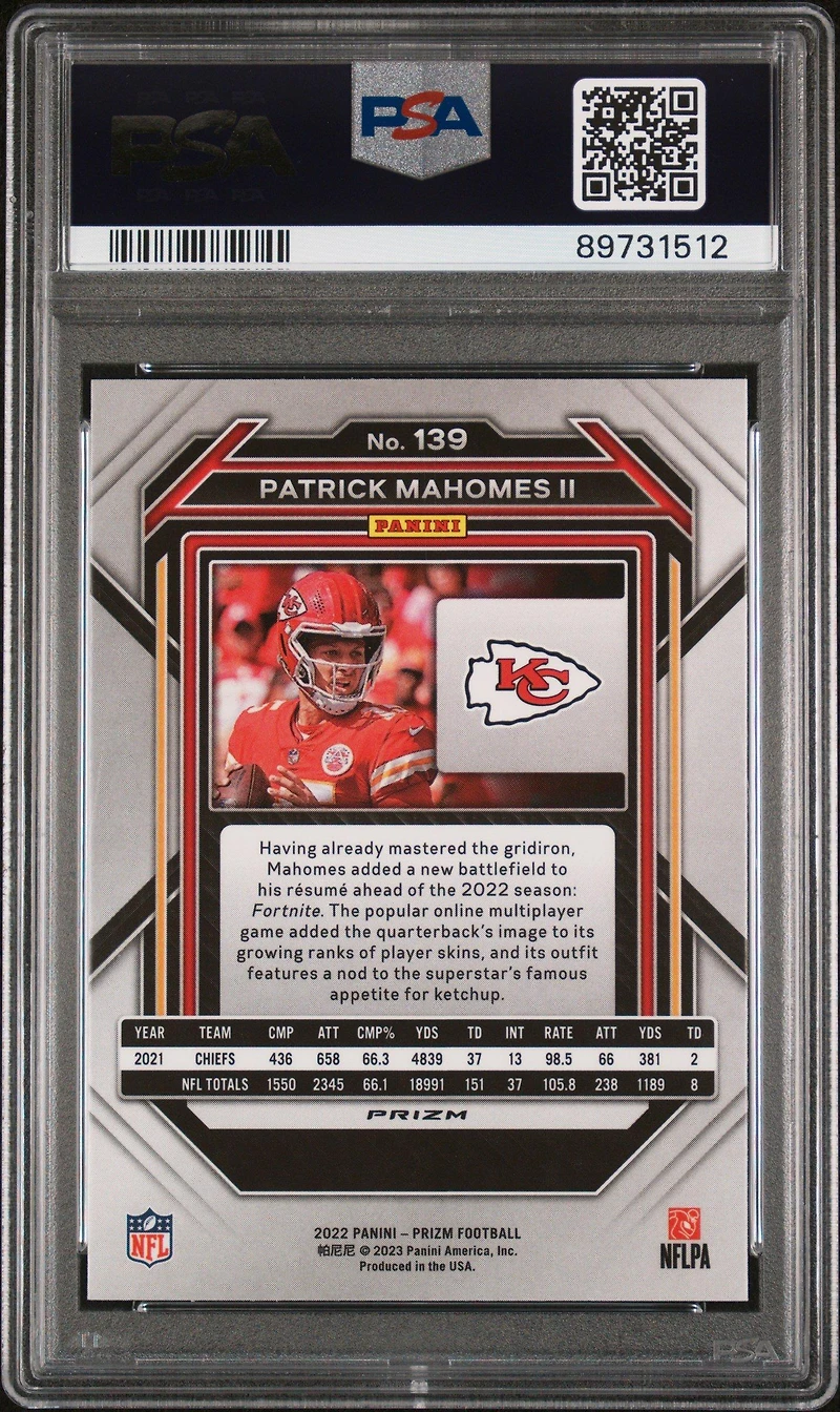 2022 Panini Prizm 139 Patrick Mahomes Ii Silver Prizm PSA 10