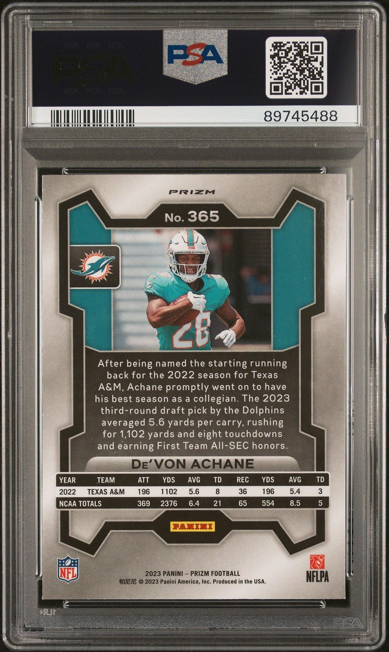 2023 Panini Prizm 365 De'von Achane Red/white/blue Prizm PSA 10