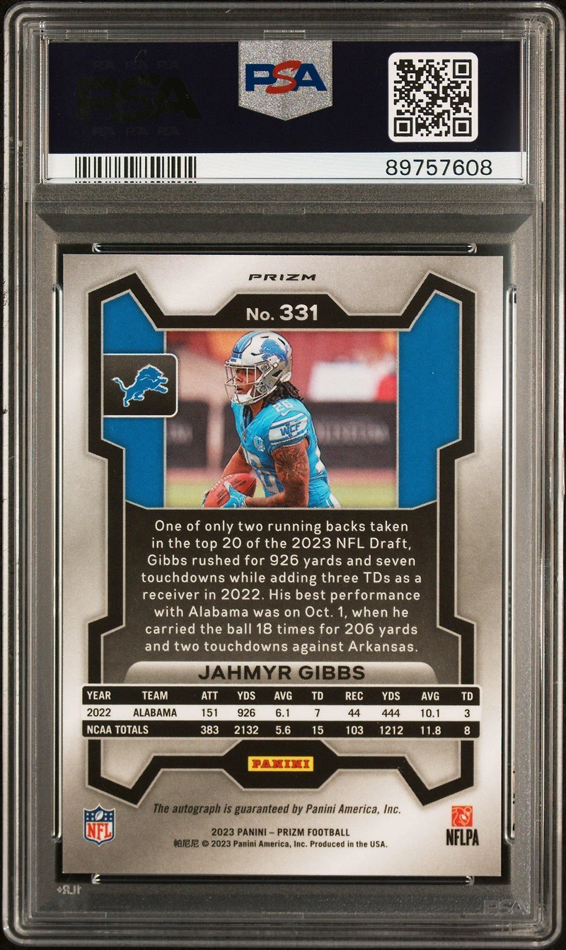 2023 Panini Prizm 331 Jahmyr Gibbs Autograph PSA 9