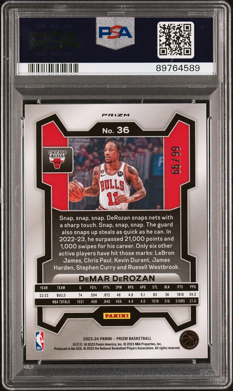 2023 Panini Prizm 36 Demar Derozan Blue Seismic PSA 10