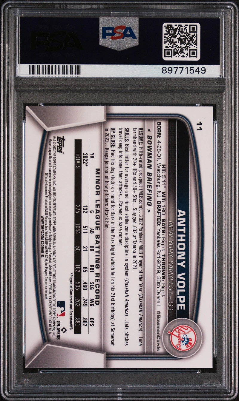 2023 Bowman Chrome Sapphire Edition 11 Anthony Volpe PSA 10