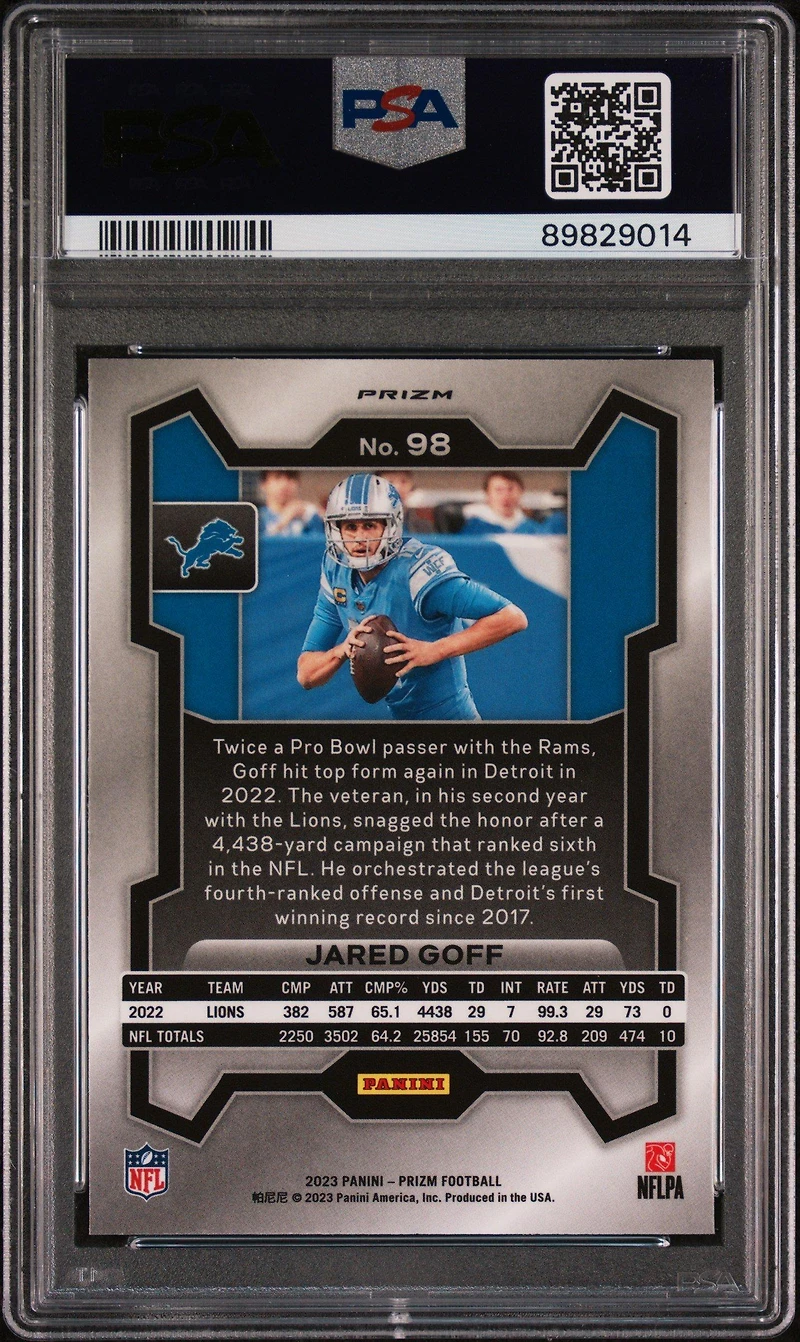2023 Panini Prizm 98 Jared Goff Silver Prizm PSA 10