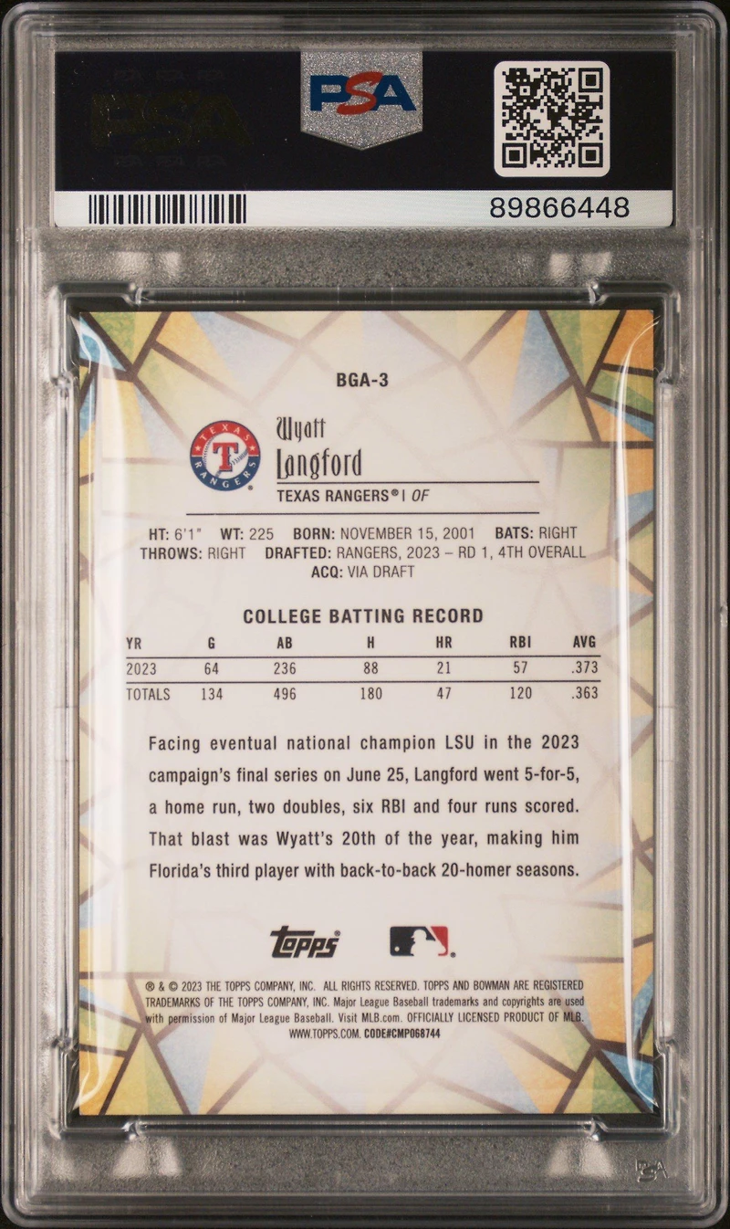 2023 Bowman Draft Bowman Glass Bga3 Wyatt Langford PSA