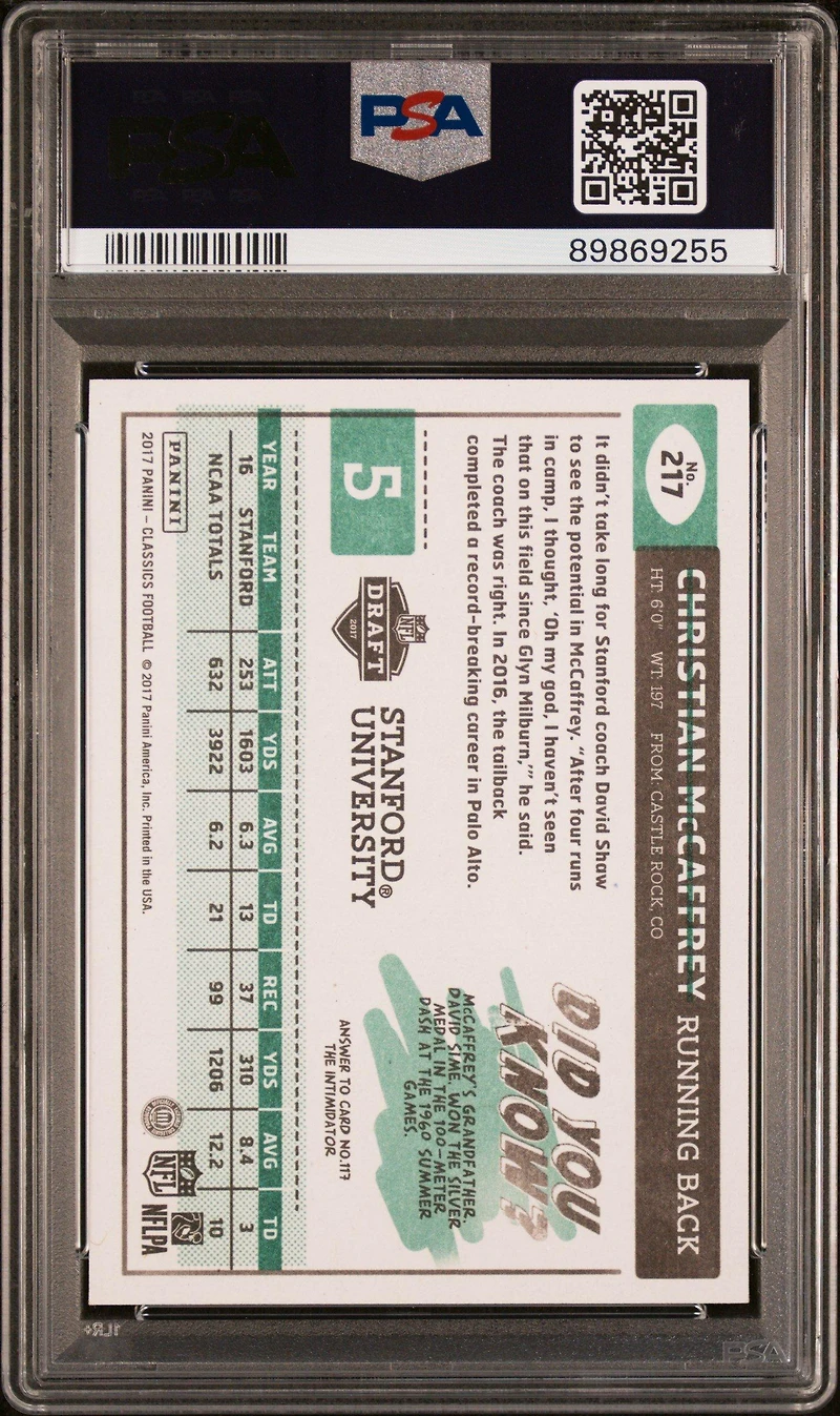 2017 Panini Classics 217 Christian Mccaffrey PSA 10