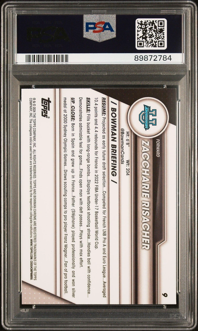 2023 Bowman University Chrome Sapphire 9 Zaccharie Risacher PSA 10