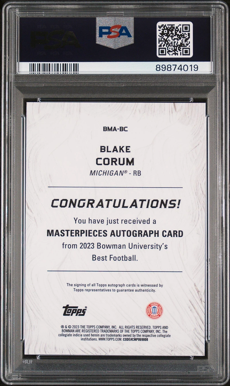2023 Bowman University Best Bowman Masterpieces Autographs Bmabc Blake Corum PSA 10