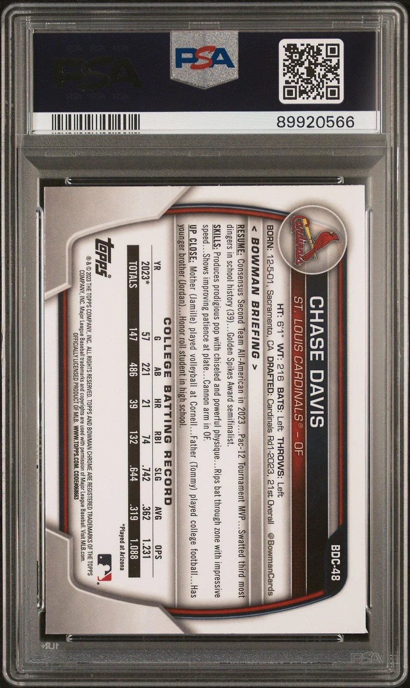 2023 Bowman Draft Bdc48 Chase Davis Chrome-aqua Wave PSA 9