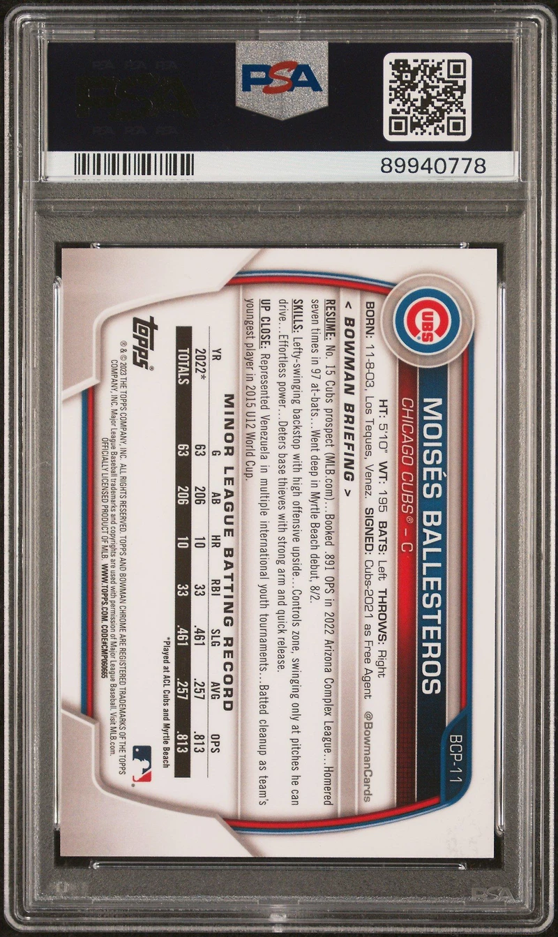 2023 Bowman Chrome Prospects Bcp11 Moises Ballesteros Green Refractor PSA 10