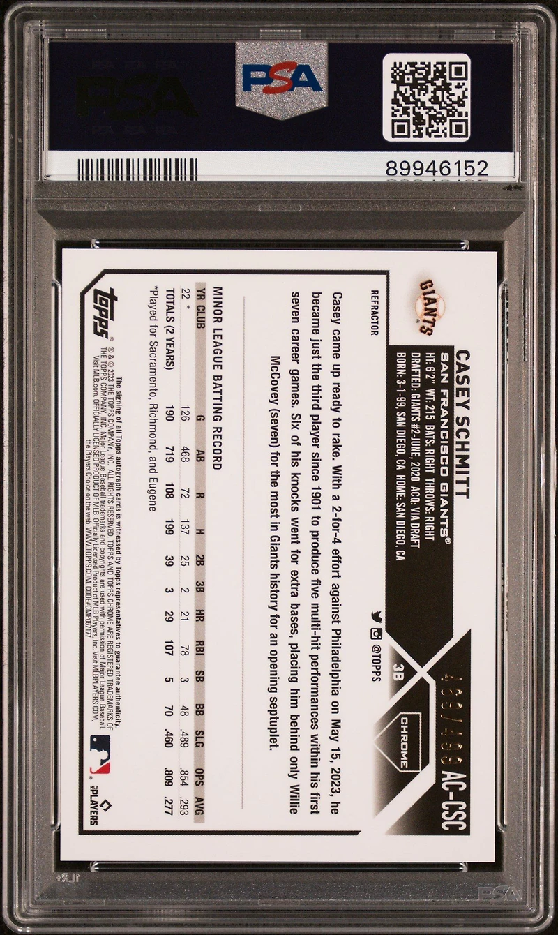 2023 Topps Chrome Update Autograph Accsc Casey Schmitt Refractor PSA 10