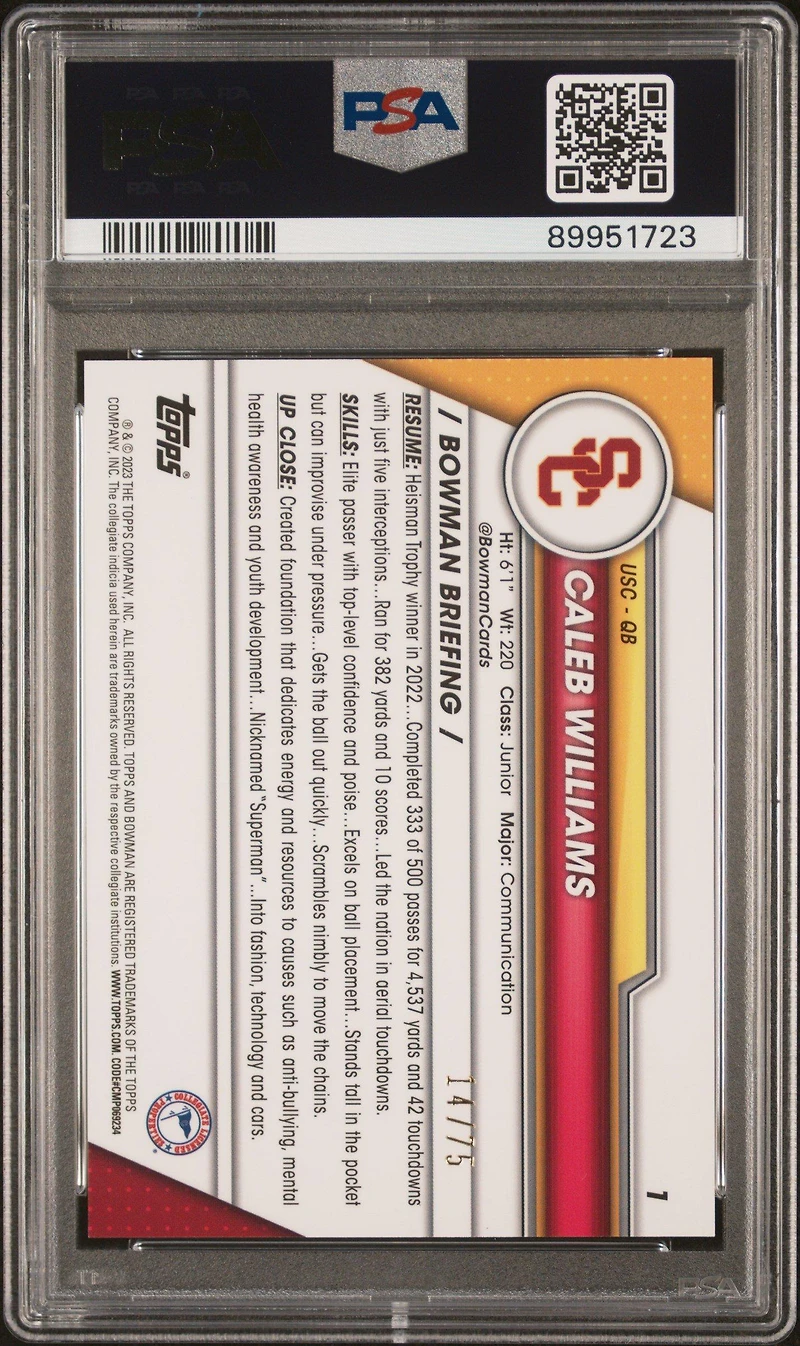 2023 Bowman University Chrome Sapphire 1 Caleb Williams Yellow PSA 10