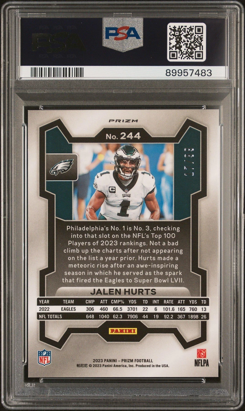 2023 Panini Prizm 244 Jalen Hurts Blue Ice PSA 10