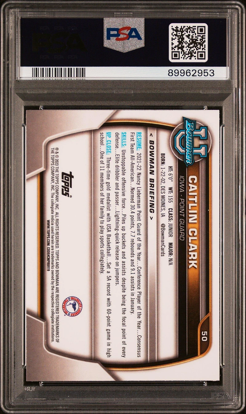 2022 Bowman Chrome University 50 Caitlin Clark PSA