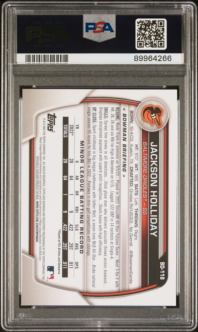 2023 Bowman Draft Bd118 Jackson Holliday PSA 10