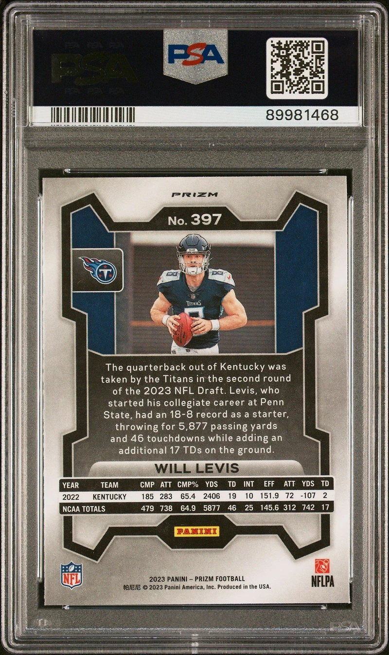 2023 Panini Prizm 397 Will Levis Green Wave PSA 9