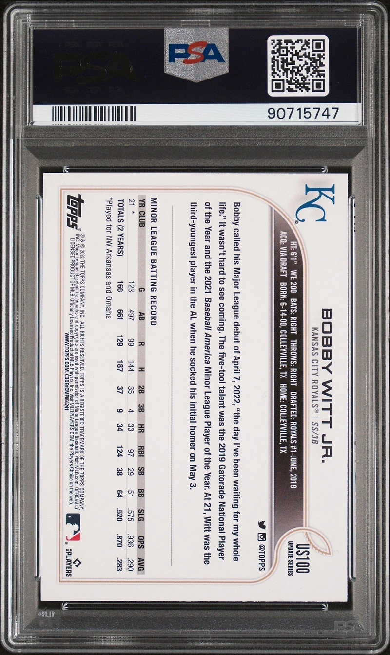 2022 Topps Update Us100 Bobby Witt Jr. Gold Foil PSA 9
