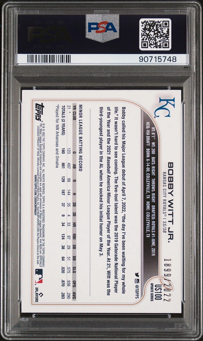 2022 Topps Update Us100 Bobby Witt Jr. Gold PSA 8