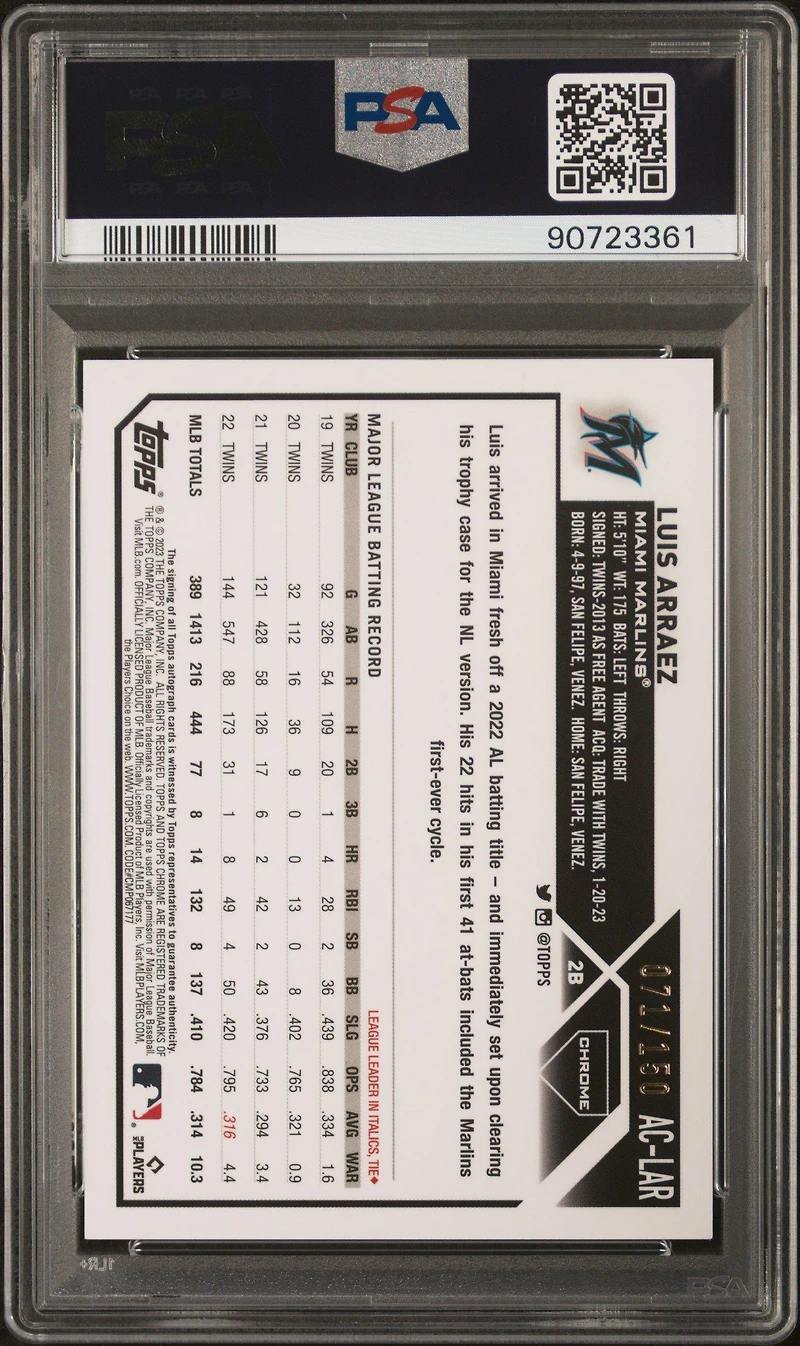 2023 Topps Chrome Update Autograph Aclar Luis Arraez Blue Refractor PSA 10