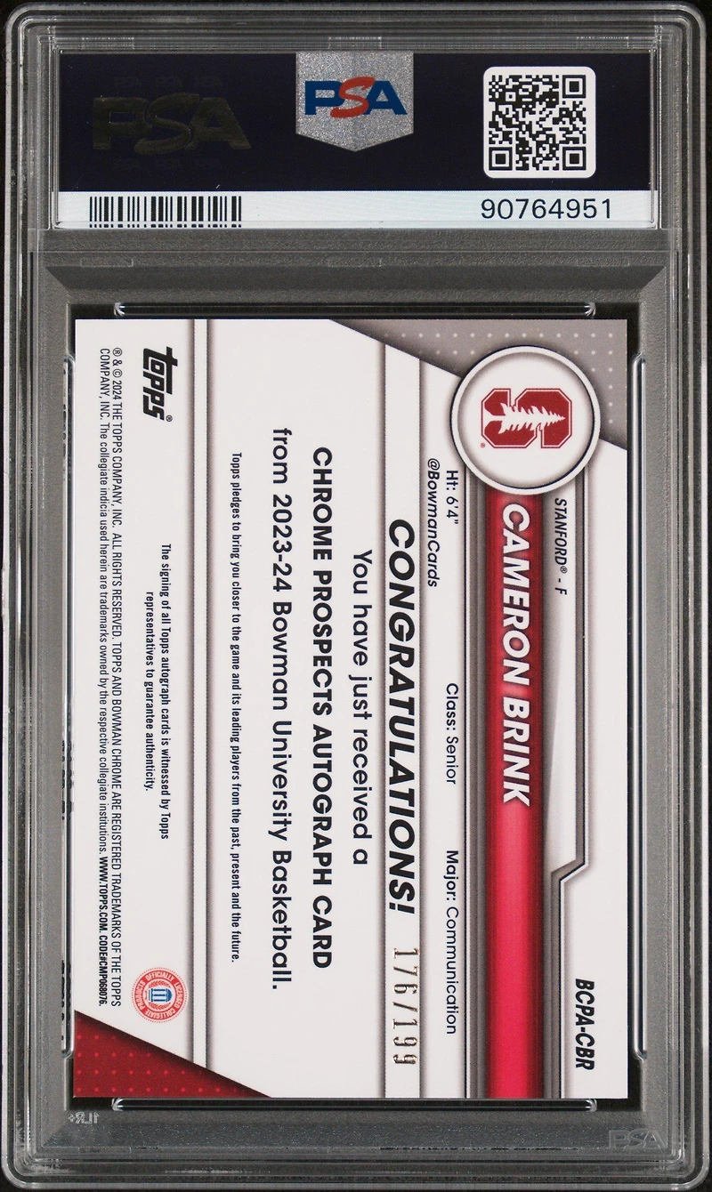 2023 Bowman University Chrome Bowman Chrome Prospects Autographs Cbr Cameron Brink PSA 10