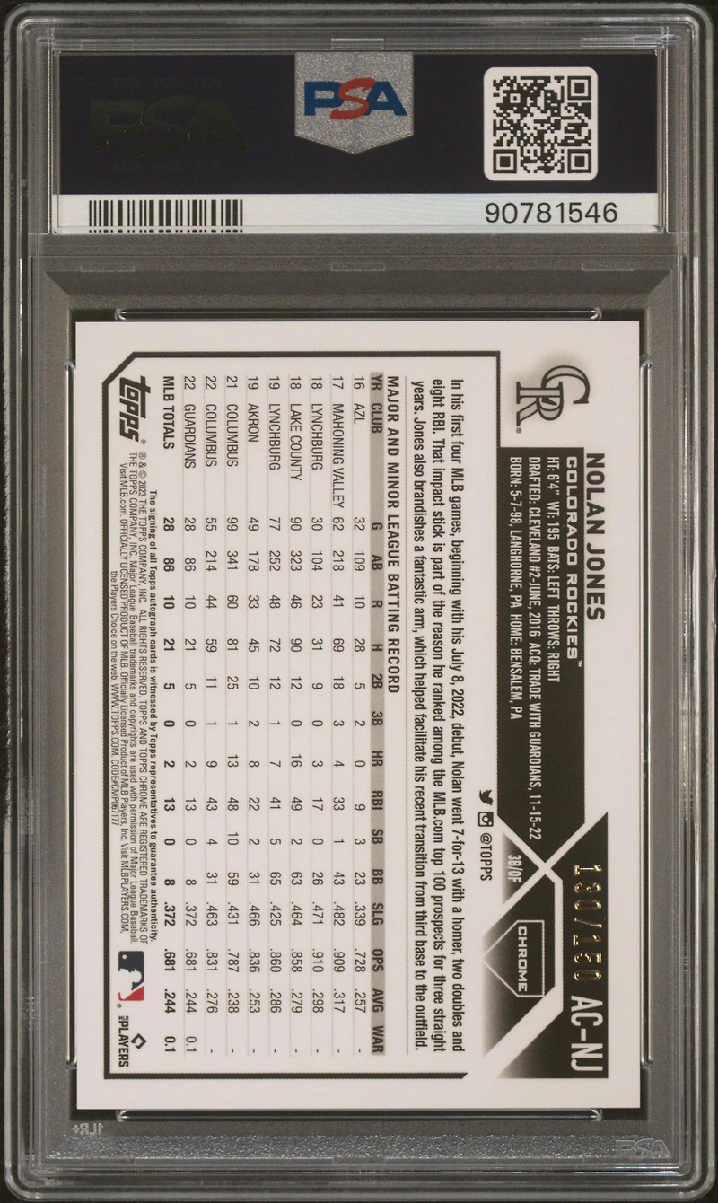 2023 Topps Chrome Update Autograph Acnj Nolan Jones Blue Refractor PSA 10